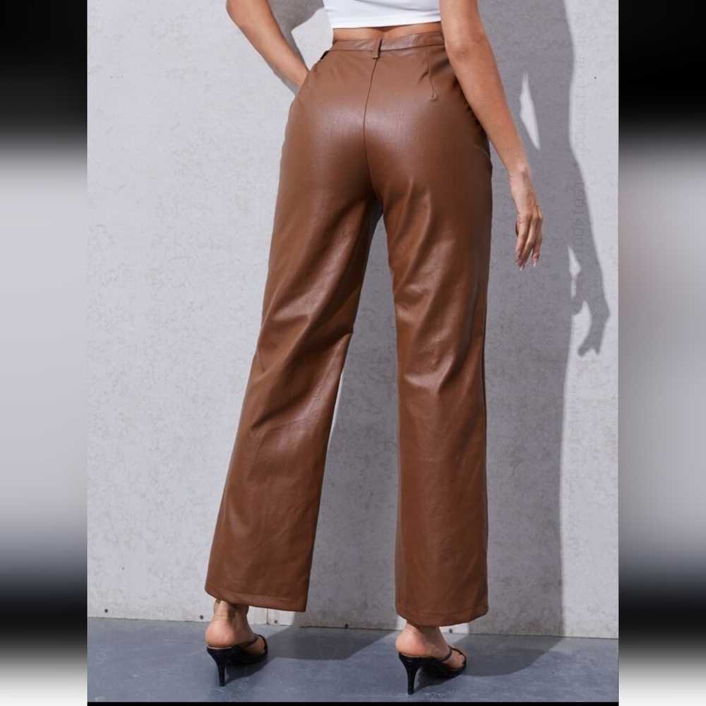 Shein Brown Straight Leg High Waisted Rise Pants Faux Leather Vegan Minimalist - Picture 2 of 12